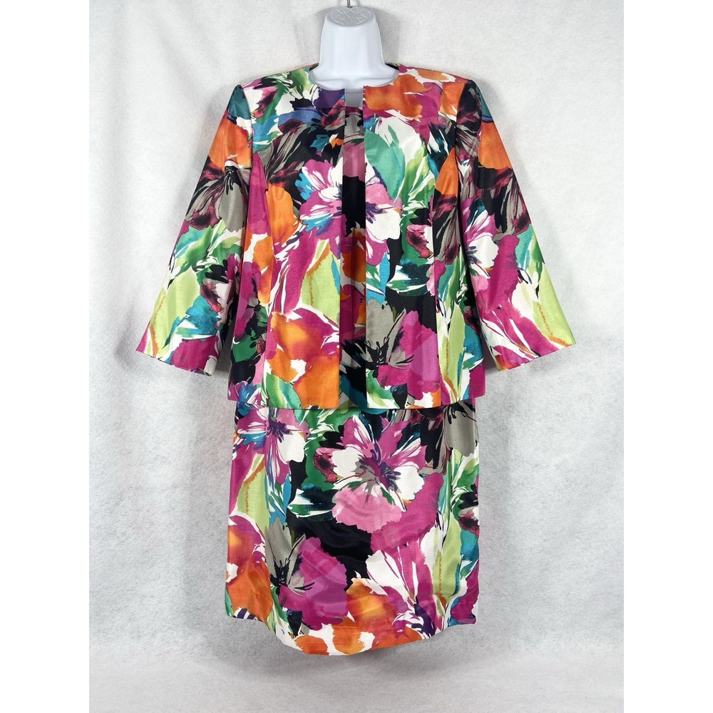 Kasper 2PC Dress Suit Women's 14 Black Red Open Blazer Long Sleeve Beaded Floral